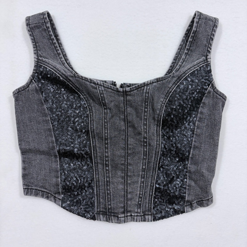 Bebe Sequin Trim‎ Denim Bustier Top Sz Small Black Witchy Festival Fairy Grunge